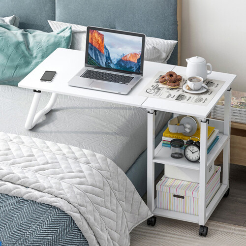 Living And Home Height Adjustable Mobile Overbed Table Foldable Side Desk w/ Wheels & Shelves, White, 95 x 40cm