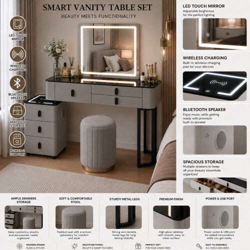 MN Furniture LED Dressing Table Set Mirror Drawers Stool Grey 2
