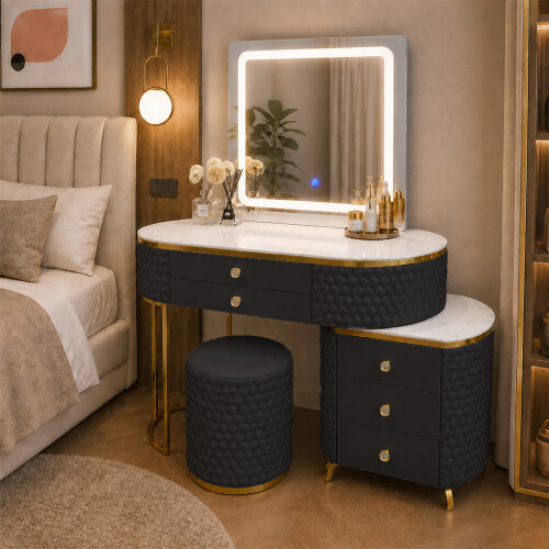 MN Furniture LED Dressing Table 5 Drawers Touch Mirror Stool Black 1