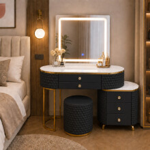 LED Dressing Table 5 Drawers Touch Mirror Stool Black
