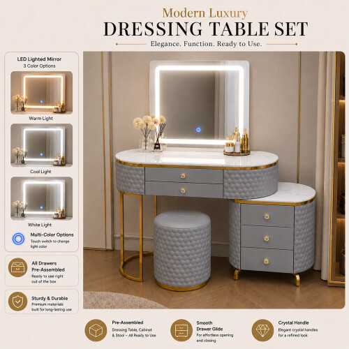 MN Furniture LED Dressing Table 5 Drawers Touch Mirror Stool Grey 2