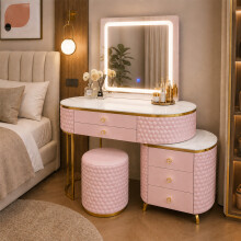 LED Dressing Table 5 Drawers Touch Mirror Stool Pink