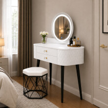 LED Touch Mirror Dressing Table Marble Stool White