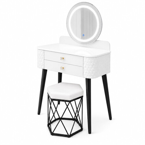 MN Furniture LED Touch Mirror Dressing Table Marble Stool White 2
