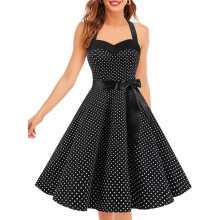 Elegancka Sukienka Koktajlowa Vintage Rozkloszowana Czarna w Kropki M