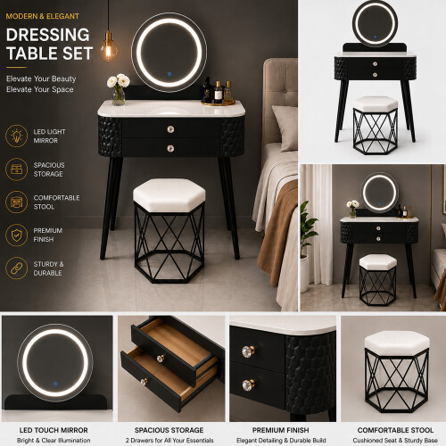 MN Furniture LED Touch Mirror Dressing Table Marble Stool Black 2