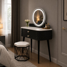 LED Touch Mirror Dressing Table Marble Stool Black