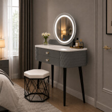 LED Touch Mirror Dressing Table Marble Stool Grey