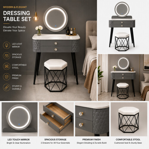 MN Furniture LED Touch Mirror Dressing Table Marble Stool Grey 2