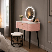 LED Touch Mirror Dressing Table Marble Stool Pink