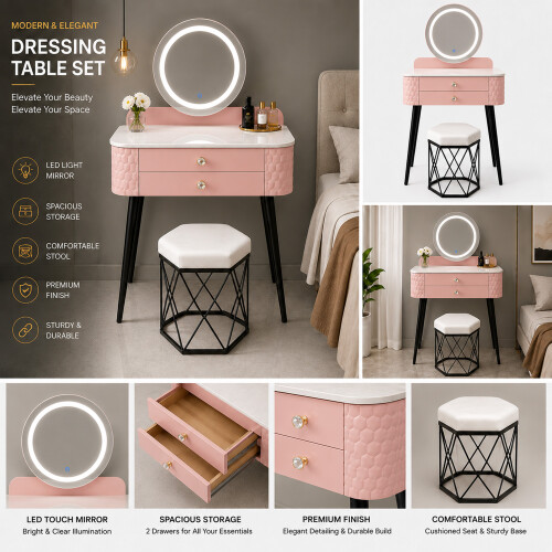 MN Furniture LED Touch Mirror Dressing Table Marble Stool Pink 2