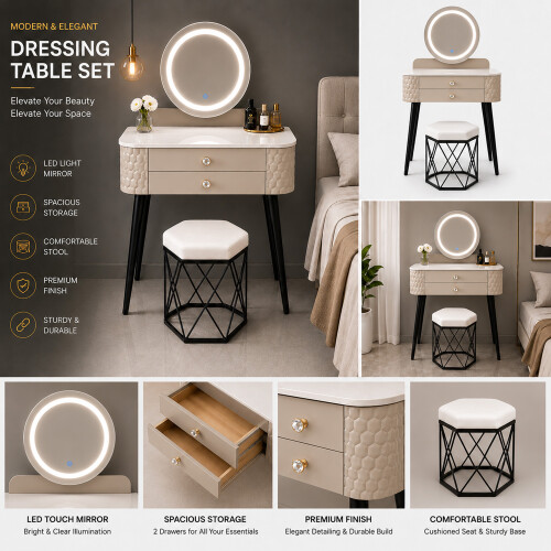 MN Furniture LED Touch Mirror Dressing Table Marble Stool Beige 2