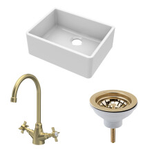 Traditional Fireclay Kitchen Bundle: Single Bowl Butler Sink Strainer Waste & Mono Crosshead Handle Mixer Tap, 595mm - Brushed Brass