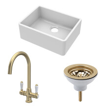 Traditional Fireclay Kitchen Bundle: Single Bowl Butler Sink and Strainer Waste & Mono Lever Handle Mixer Tap, 595mm - Brushed Brass