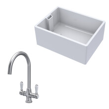 Traditional Fireclay Kitchen Bundle: 1 Bowl Belfast Sink & Mono Lever Handle Tap, 615mm - Brushed Nickel