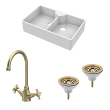 Traditional Fireclay Kitchen Sink Bundle: Double Bowl Butler with Wastes & Mono Crosshead Tap, 895mm - Brushed Brass