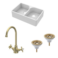 Traditional Fireclay Kitchen Bundle: 2 Bowl Stepped Weir Butler Sink, Wastes & Mono Crosshead Tap, 795mm - Brushed Brass
