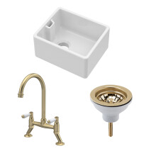 Fireclay Kitchen Bundle: Single Bowl Belfast Sink, Strainer Waste & Bridge Lever Tap, 460mm - Brushed Brass