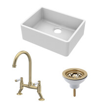 Fireclay Kitchen Bundle: Single Bowl Butler Sink, Strainer Waste & Bridge Lever Mixer Tap, 595mm - Brushed Brass