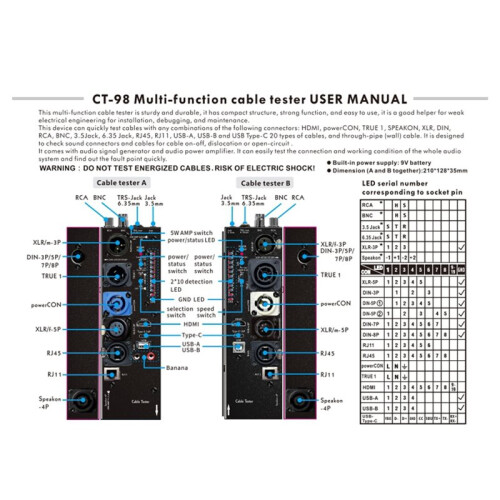 CT-98 Separate 16-in-1 Digital Display Audio Cable Tester -Compatible XLR Automatic Tester Audio Side  Meter 2