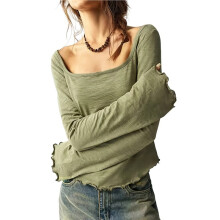 Women'S U Neck Crinkle Texture Flare Long Sleeve Irregular Hem Top Light Green S