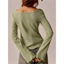 Women'S U Neck Crinkle Texture Flare Long Sleeve Irregular Hem Top Light Green L