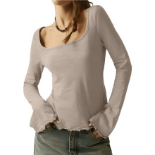 Women'S U Neck Crinkle Texture Flare Long Sleeve Irregular Hem Top Khaki XL