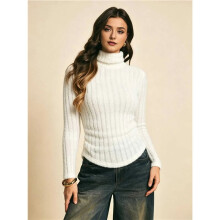 Womens Turtle-Neck Vertical Rib Fuzzy Slim Long Sleeve Knit Top Cream White XL