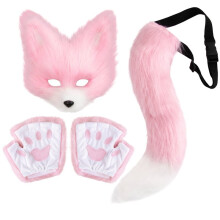 Faux Fur Tail Cat Wolf Set Plush Mask Gloves Halloween Christmas Party for Women
