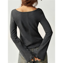 Women'S U Neck Crinkle Texture Flare Long Sleeve Irregular Hem Top Black L