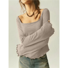 Women'S U Neck Crinkle Texture Flare Long Sleeve Irregular Hem Top Khaki L