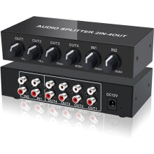 2-in-4-Out RCA L/R Audio Splitter Stereo Lijnniveau Verdeler Mixer met Onafhankelijke Volumeregeling, EU-Stekker