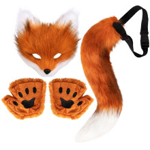 Faux Fur Tail Cat Wolf Set Plush Mask Gloves Halloween Christmas Party for Women Browen