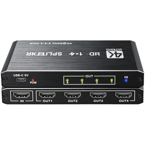 Divisor Compatível com  1 Entrada 4 Saídas 4K HDCP1.4 3D 1080P HDTV/DVD/Stream Espelha em 4 Telas Simultaneamente, Conecte e Use