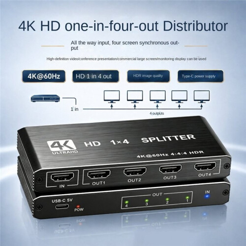 Divisor Compatível com  1 Entrada 4 Saídas 4K HDCP1.4 3D 1080P HDTV/DVD/Stream Espelha em 4 Telas Simultaneamente, Conecte e Use 2