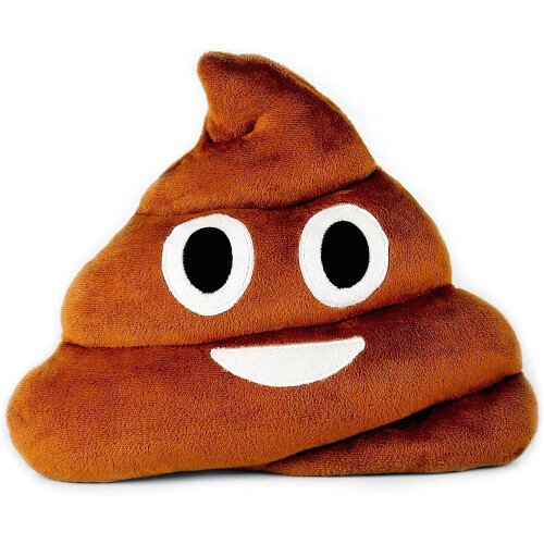 Almofada redonda de pelúcia com emoticon de cocô sorridente.