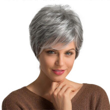 10 inch korte pruik voor vrouwen van echt mensenhaar, pixie-cut, chique pruik met zijpony, grijs