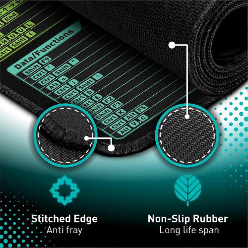 Mousepad XL grande e estendido com teclas de atalho do Excel e borda costurada antiderrapante para PC e escritório. 1