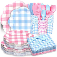 416-Teiliges Party-Set mit Karomuster - für 52 Gäste - Einweg-Besteckset mit Karomuster - für Grillpartys und Hochzeiten