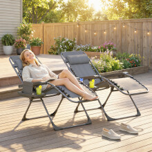 Outsunny Zero Gravity Chairs Set of 2 with Cup Holder, Headrest, Dark Grey