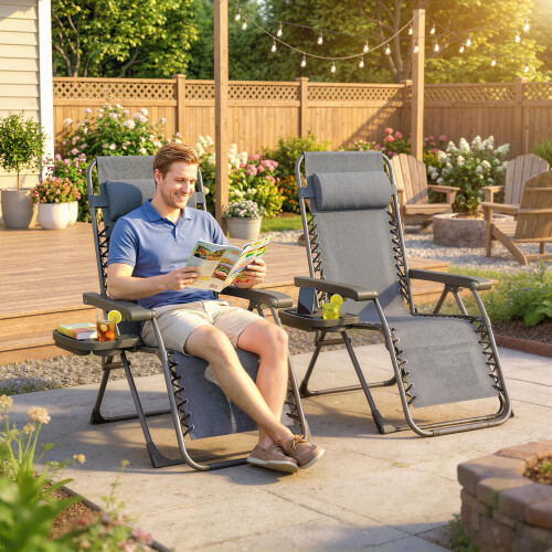 Outsunny Outsunny Zero Gravity Chairs Set of 2 with Cup Holder, Headrest, Dark Grey 1