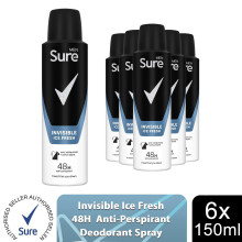Sure Men Anti Perspirant 48H Protection Invisible Ice Deodorant, 6 Pack, 150ml