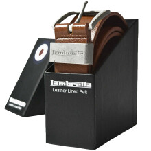 (M, Tan) Lambretta Mens Leather Lined Boxed Large Buckle Belt