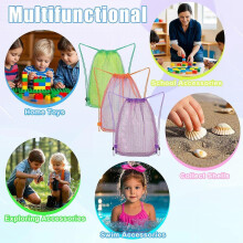 Vodolo 3pcs Beach Toy Bag,Mesh Travel Sand Toys Backpack for Sandbox Buckets,Beach Vacation Essentials for Kids,Shell Collecting Bag Shelling Tools,Mu