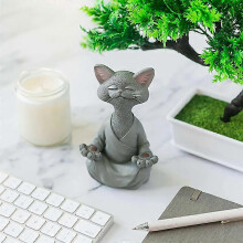 Meditation Statue Cat Statue Zen Yoga Decoration Figure Resin Meditation Yoga Decor Feng Shui Ornament Sculpture Collection Craft Garden Decor (Grey)