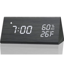 (Black) Wooden Alarm Clock Clock LED Time Display USB Charger Humidity and Temperature Detection Digital Alarm Clock For Bedside Table