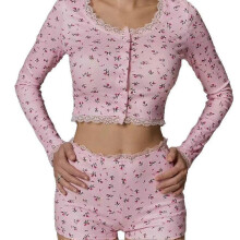 (M, Pink) Women’s Home Wear long sleeve Shorts Casual Two P-iece Set K0O6