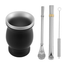 Doppel Wandiger Rostfreier Yerba Mate KüRbis Tee Tassen Set Kaffee Wasser Becher mit 2 Bombillas Stroh Halmen und Sauberem Pinsel 8 Unzen Schwarz