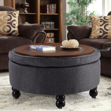 Round Storage Ottoman Stool Upholstered Coffee Table Pouffe Double-Side Lid Box