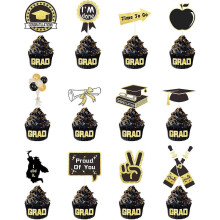 2024 Graduation 24 Cake Toppers Graduation Banners Black and Gold Glitter Congratulation Party Supplies Decorations